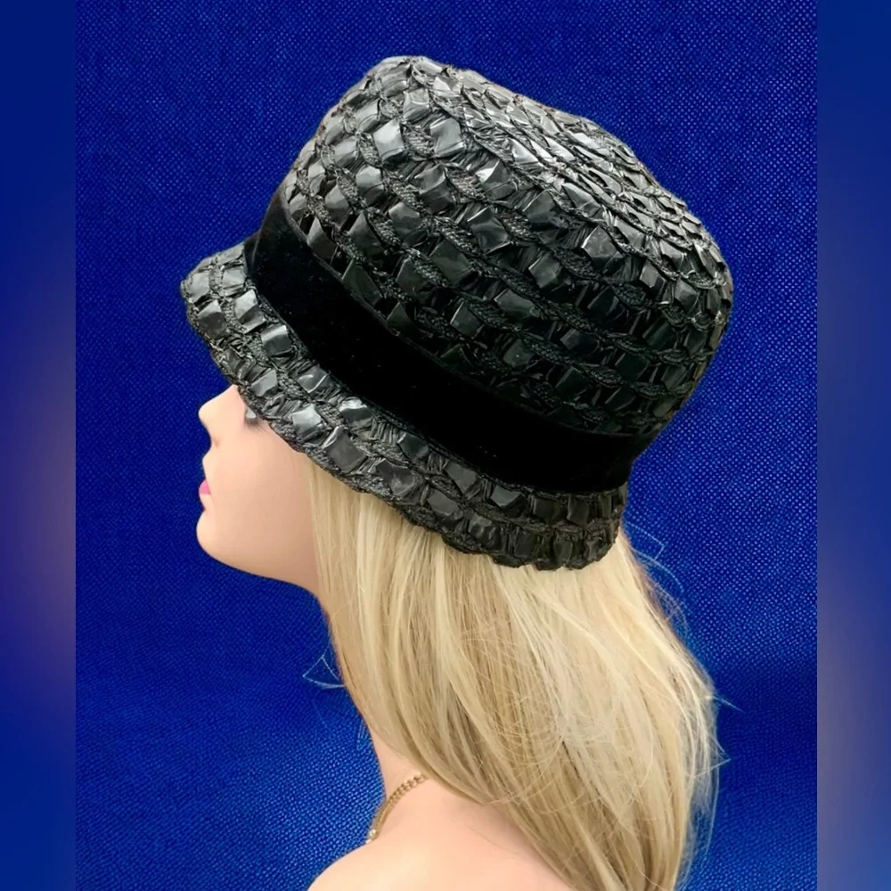Vintage 50s Black Woven Cello Straw Derby Bucket Hat - Picture 6 of 9